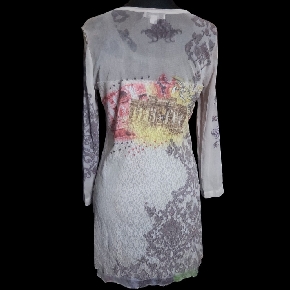 Vintage Sheer Mesh Lace Tunic Top Long Sleeve Graphic Sequin Beige Large - Picture 8 of 11